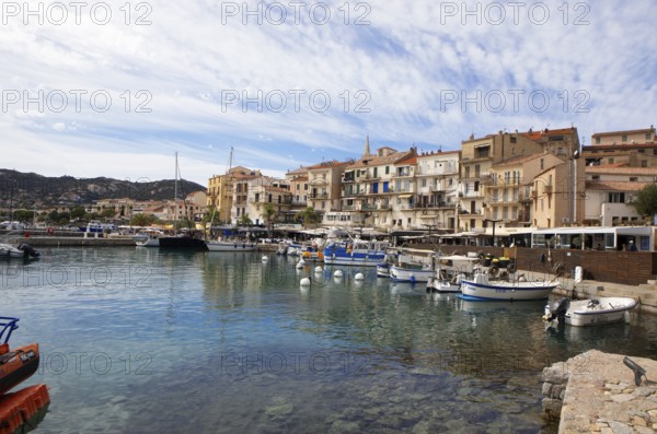 Colourful boats and restaurants in the port of Calvi, Balagne, Haute-Corse department, Corsica, France
