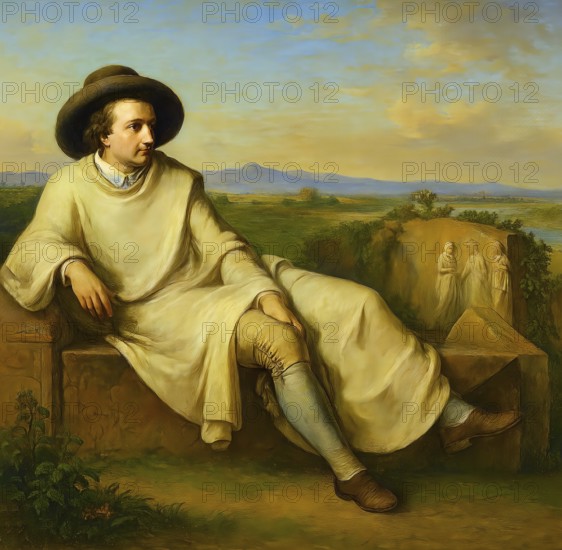 Goethe in the Roman Campagna, historical illustration from the history of German literature from 1885, digitally edited, symbolic image poet, politician, naturalist, poetry, Weimar, Weimar Classicism, Italy, Faust