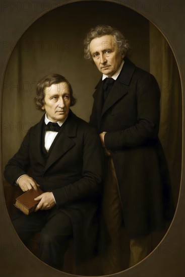 Wilhelm and Jakob Grimm, historical illustration from the history of German literature from 1885, digitally edited, symbolic picture fairy tales, Grimm's house tales, literature, collection of fairy tales, Brothers Grimm