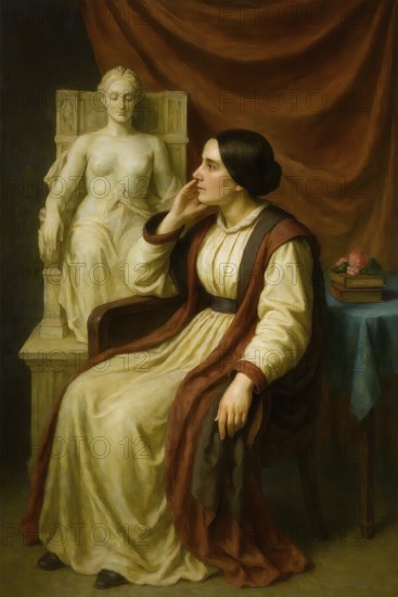 Bettina von Arnim 1838, historical illustration from the history of German literature from 1885, digitally edited, symbolic image writer, composer, romanticism