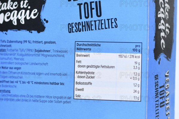 Germany - October 2025: German nutrition label of fried tofu showing calories, fat, carbohydrates, fiber, protein and salt