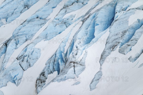 Blue rugged glacier ice with crevasses and snow, detail, Exit Glacier, Kenai Peninsula, Alaska, USA