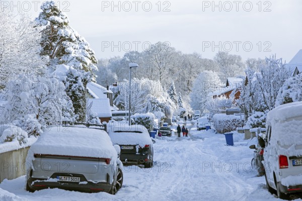 Snowy residential area, cars, road, trees, people, Sieversen, Samtgemeinde Rosengarten, Lower Saxony, Germany