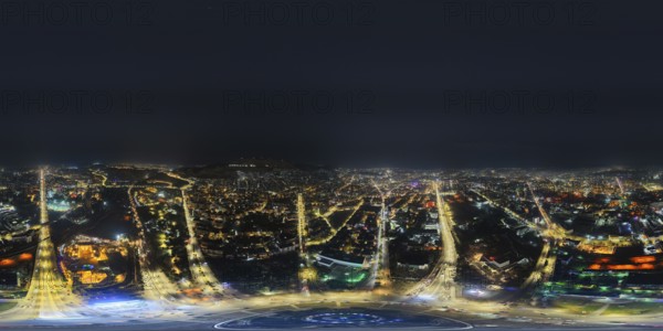 In Damascus, Syria, on December 29, 2025, a 360-degree aerial image captures the Syrian capital at night, showing the city fully illuminated and offering a panoramic view of Damascus as the year draws to a close, Damascus, Damascus, Syria