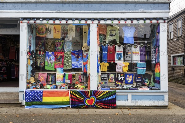 Storefront, clothing store, products with LGBTQ themes and local identity, gift shop, rainbow flags, Provincetown, Cape Cod, Massachusetts, New England, USA