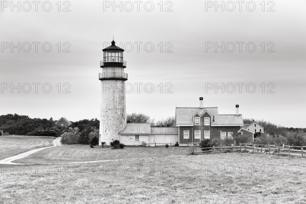 Highland lighthouse, Cape Cod Light, lighthouse, typical architectural style, monochrome, North Truro, Cape Cod, Massachusetts, New England, USA