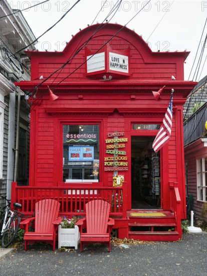 Bright red facade, fast food shop, candy, coffee, inscription love and happiness, American flag, Provincetown, Cape Cod, Massachusetts, New England, USA