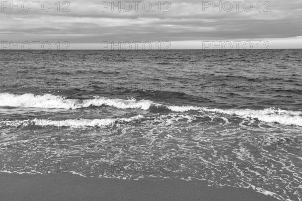 Soft surf on beach, shoreline, monochrome, cloud cover, Provincetown, Race Point Beach, Cape Cod National Seashore, Atlantic Coast, Massachusetts, New England, USA