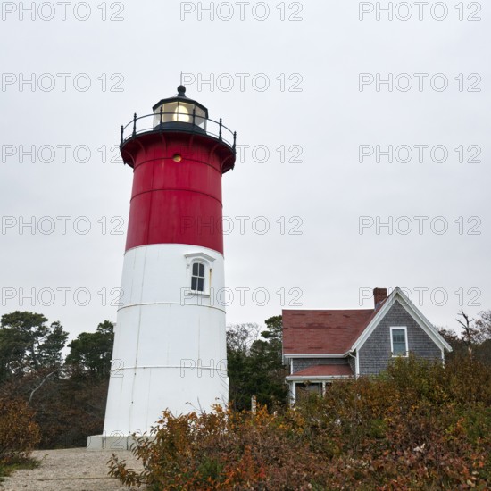Historic lighthouse, Nauset lighthouse Beach, twilight in autumn, Cape Cod National Seashore in Eastham, Massachusetts, New England, USA