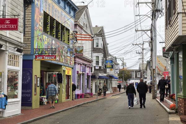 Commercial Street, busy street with passers-by, numerous shops, art galleries, restaurants, cafes and clubs, historic architecture, tourist district, Provincetown, Cape Cod, Massachusetts, New England, USA