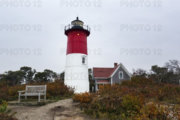 Historic lighthouse, Nauset lighthouse, twilight in autumn, Cape Cod National Seashore in Eastham, Massachusetts, New England, USA