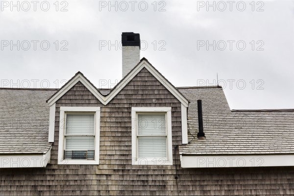 Facade detail, house with wooden shingles, typical architectural style, dormer window, Highland Light, Cape Cod Light, North Truro, Cape Cod, Massachusetts, New England, USA
