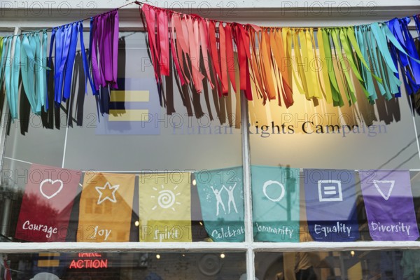 Shop windows, ribbons in rainbow colors, Human Rights Campaign Office, HRC, Human Rights, LGBTQ, Provincetown, Cape Cod, Massachusetts, New England, USA