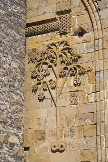 Detail of a historic building with a sandstone tree relief decorated with leaves, Ananuri Castle, Zhinvali Reservoir, Jinvali or Shinvali, Mtskheta-Mtianeti Region, Georgian Military Road, Georgia