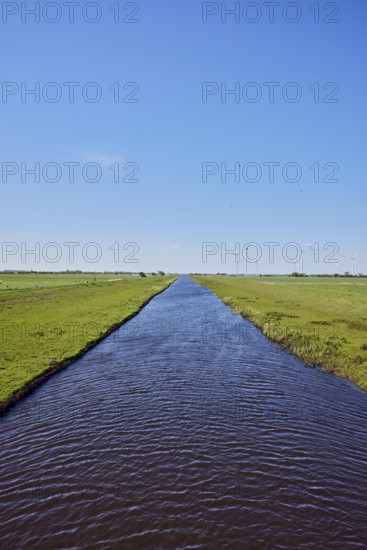 Bach Lecker Au, agricultural land, meadows, wind turbines, pale blue sky, cirrostratus clouds, Alter Deich, Risum-Lindholm, Nordfriesland district, Schleswig-Holstein, Germany