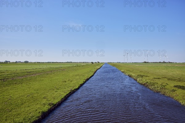 Bach Lecker Au, agricultural land, meadows, wind turbines, pale blue sky, cirrostratus clouds, Alter Deich, Risum-Lindholm, Nordfriesland district, Schleswig-Holstein, Germany