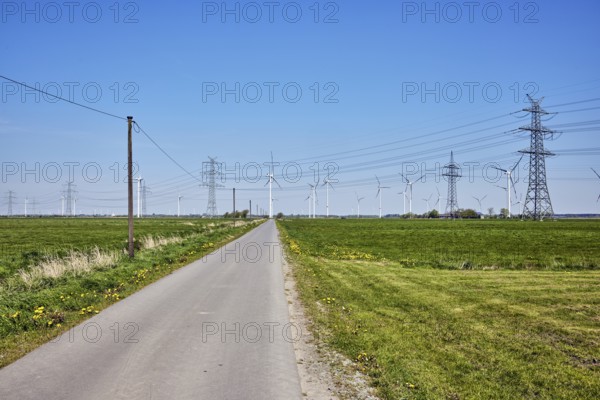 Wind turbines, power pole, overhead line, high-voltage pole, high-voltage line, road, meadows, blue sky, cloudless, Stadionstraße, Risum-Lindholm, Nordfriesland District, Schleswig-Holstein, Germany
