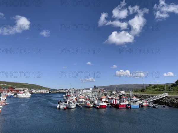 Several fishing boats in Batsfjord harbour, blue sky, mountains in the background, sunny day, Båtsfjord, Finnmark, Norway