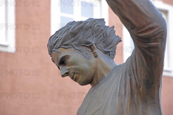 Memorial to soccer player Gerd Müller, German national team player, soccer legend, detail, bronze sculpture, Gerd-Müller-Platz, Nördlingen, Bavaria, Germany