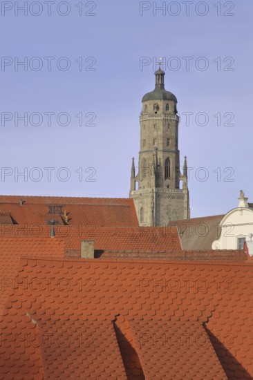 Late Gothic St. Georg church with Daniel church tower, roofs, Nördlingen, Bavaria, Germany