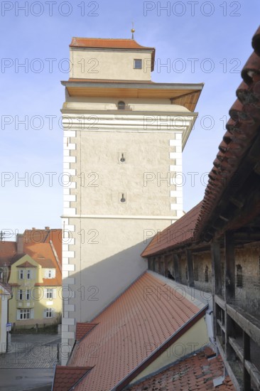Reimlingen Gate and historic rampart with city wall, city tower, city gate, city fortification, Nördlingen, Bavaria, Germany