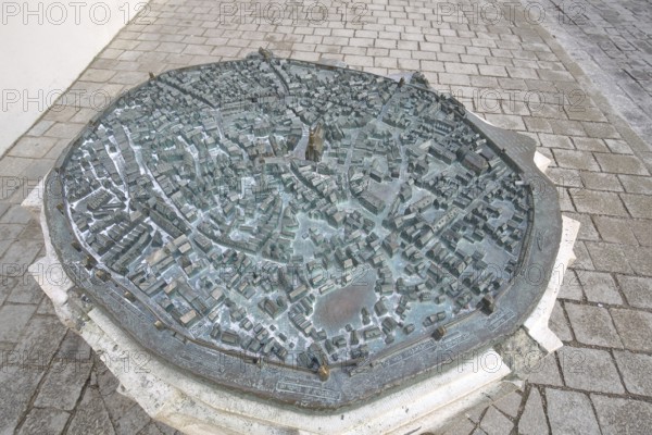 Historical cityscape as 3D model, miniature, view, city history, bronze sculpture, market square, Nördlingen, Bavaria, Germany