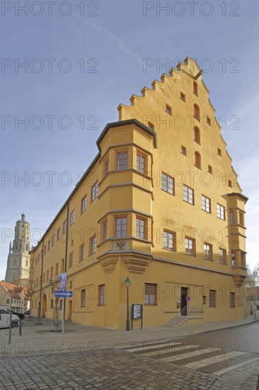 Former hall building with bay window and current elementary school center, Nördlingen, Bavaria, Germany