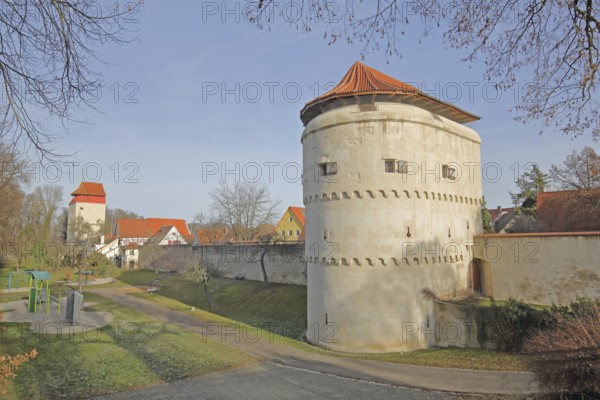 Old bastion and historic city wall, city fortification, defensive defence tower, fortification, Nördlingen, Bavaria, Germany