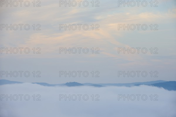 Early fog low-lying clouds in low mountain ranges, Germany