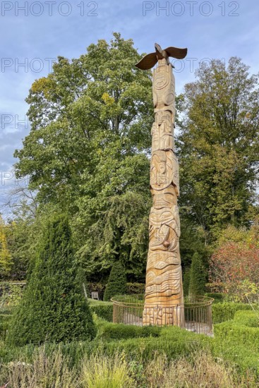 Tree trunk with carvings like a totem pole, stylized eagle on top in front of Schellenberg hunting lodge, Schellenberger Wald, Essen-Heisingen, North Rhine-Westphalia, Germany