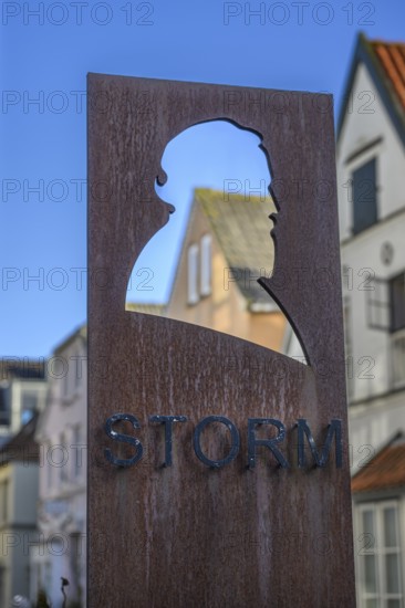Metal sculpture with head profile of poet Theodor Storm against a city backdrop under a blue sky, in an urban background, Husum, Schleswig-Holstein, Germany