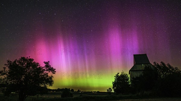 Colourful aurora above the EXPO observatory in magenta and shades of green in front of a starry night, EXPO observatory, Oberholsten, Melle, Lower Saxony, Germany
