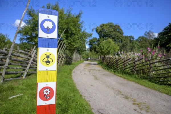 Colourful wooden signpost along a narrow garden path under clear blue sky, path along the cottage garden vegetable garden of the famous botanist and taxonomist Carl von Linne with a rustic wooden fence under a blue sky, Linnes Rashult, Rashult, Diö, Kronobergs län, Sweden