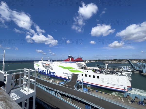 Stena Line ferry in harbour in sunny weather with clear blue sky, Trelleborg, Skåne län, Sweden