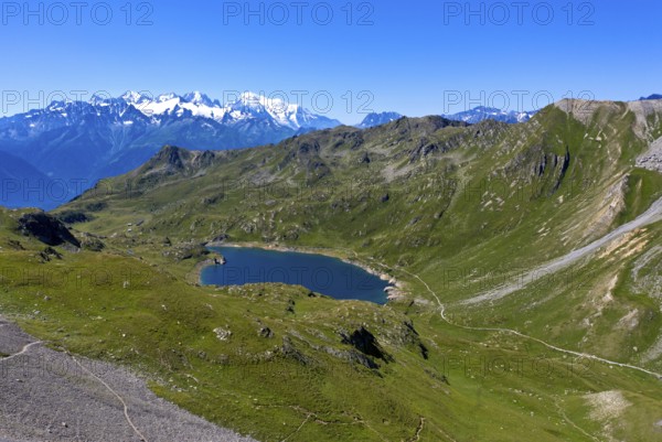 Oberer Fully See mountain lake, Lac Supérieur de Fully, in the back the Montblanc massif, Fully, Ovronnaz, Valais, Switzerland