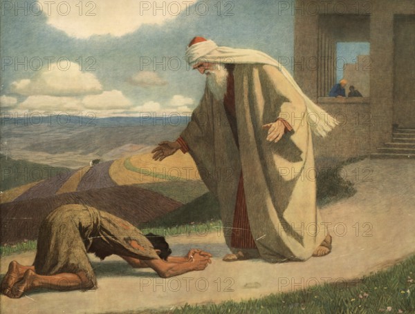 Scene from the biblical story, the famous biblical parable of the prodigal son, authentic reproduction of a school mural, historical, around 1900
