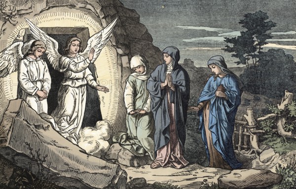 Scene from the biblical story, The Resurrection of Jesus Christ, authentic reproduction of a school mural, historical, around 1900