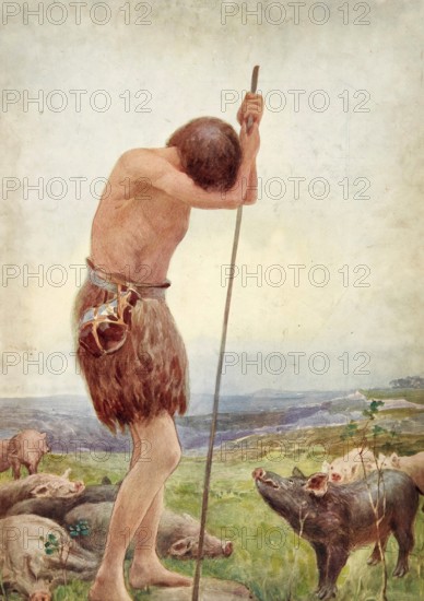 Scene from the biblical story, the famous biblical parable of the prodigal son, authentic reproduction of a school mural, historical, around 1900