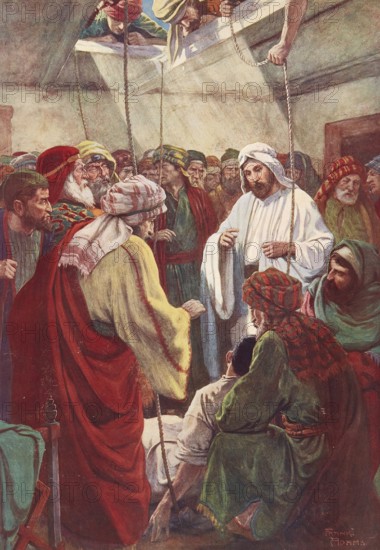 Scene from the biblical story, In the Bible, the story of the man with four friends refers to the healing of a paralyzed man, authentic reproduction of a school mural, historical, around 1900