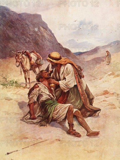 Scene from the biblical story, The Parable of the Good Samaritan is one of the most famous stories of Jesus in the New Testament, authentic reproduction of a school mural, historical, around 1900