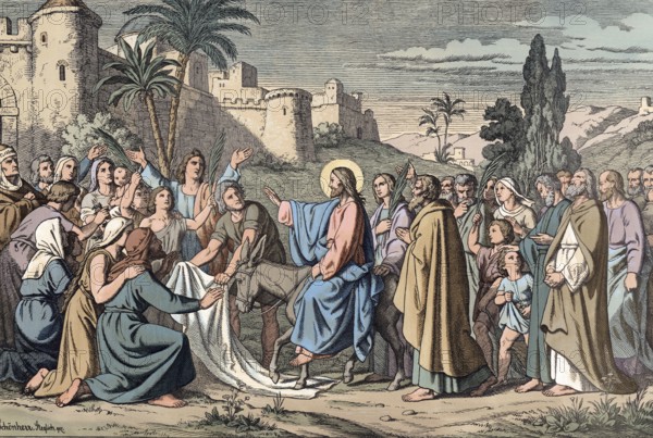 Scene from the biblical story, The Entry of Jesus into Jerusalem, authentic reproduction of a school mural, historical, around 1900