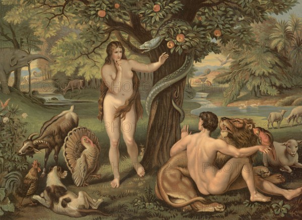 Scene from the biblical story, The Fall of Man, Adam and Eve, snake and apple, authentic reproduction of a school mural, historical, around 1900