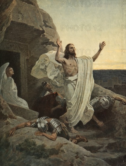 Scene from the biblical story, The Resurrection of Jesus Christ, authentic reproduction of a school mural, historical, around 1900