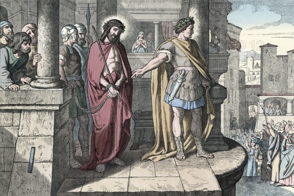 Scene from the biblical story, in the Bible it is told that the Roman governor Pontius Pilate gave the people the choice at Pentecost whether they should release Jesus of Nazareth or the captive Barabbas, and the crowd cried out for Barabbas to release, authentic reproduction of a school mural, historical, around 1900