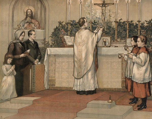 Scene from the biblical story, church service, priest preparing the Lord's Supper for the faithful, authentic reproduction of a school mural, historic, around 1900