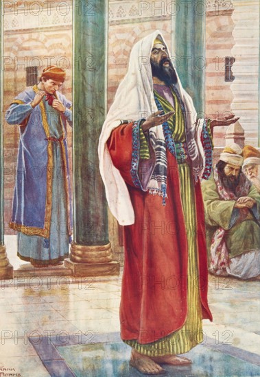 Scene from the biblical story, The Parable of the Pharisee and the Tax Collector, authentic reproduction of a school mural, historical, around 1900