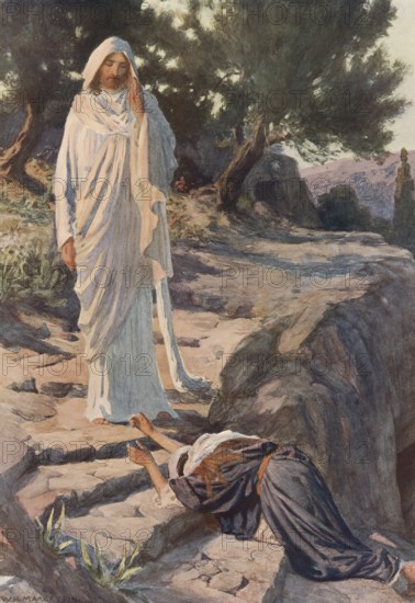 Scene from the biblical story, The first reported appearance of the Risen Lord in the Bible is for Mary Magdalene on Easter morning, authentic reproduction of a school mural, historic, around 1900