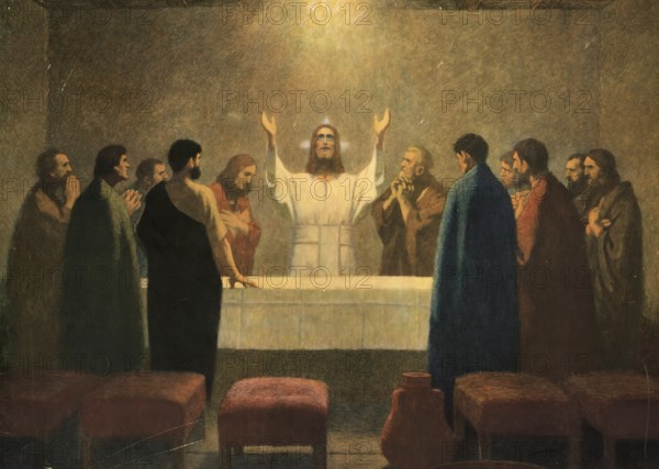 Scene from the biblical story, The Last Supper, authentic reproduction of a school mural, historical, around 1900