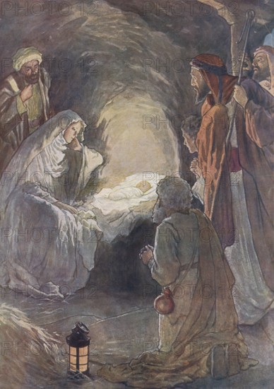 Scene from the biblical story, The story of the birth of Jesus and the shepherds, authentic reproduction of a school mural, historical, around 1900