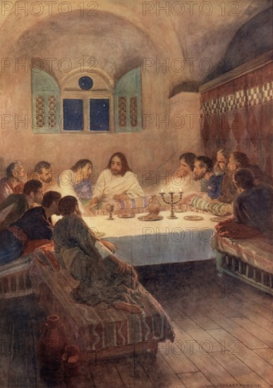 Scene from the biblical story, The Last Supper of Jesus with his disciples, authentic reproduction of a school mural, historical, around 1900